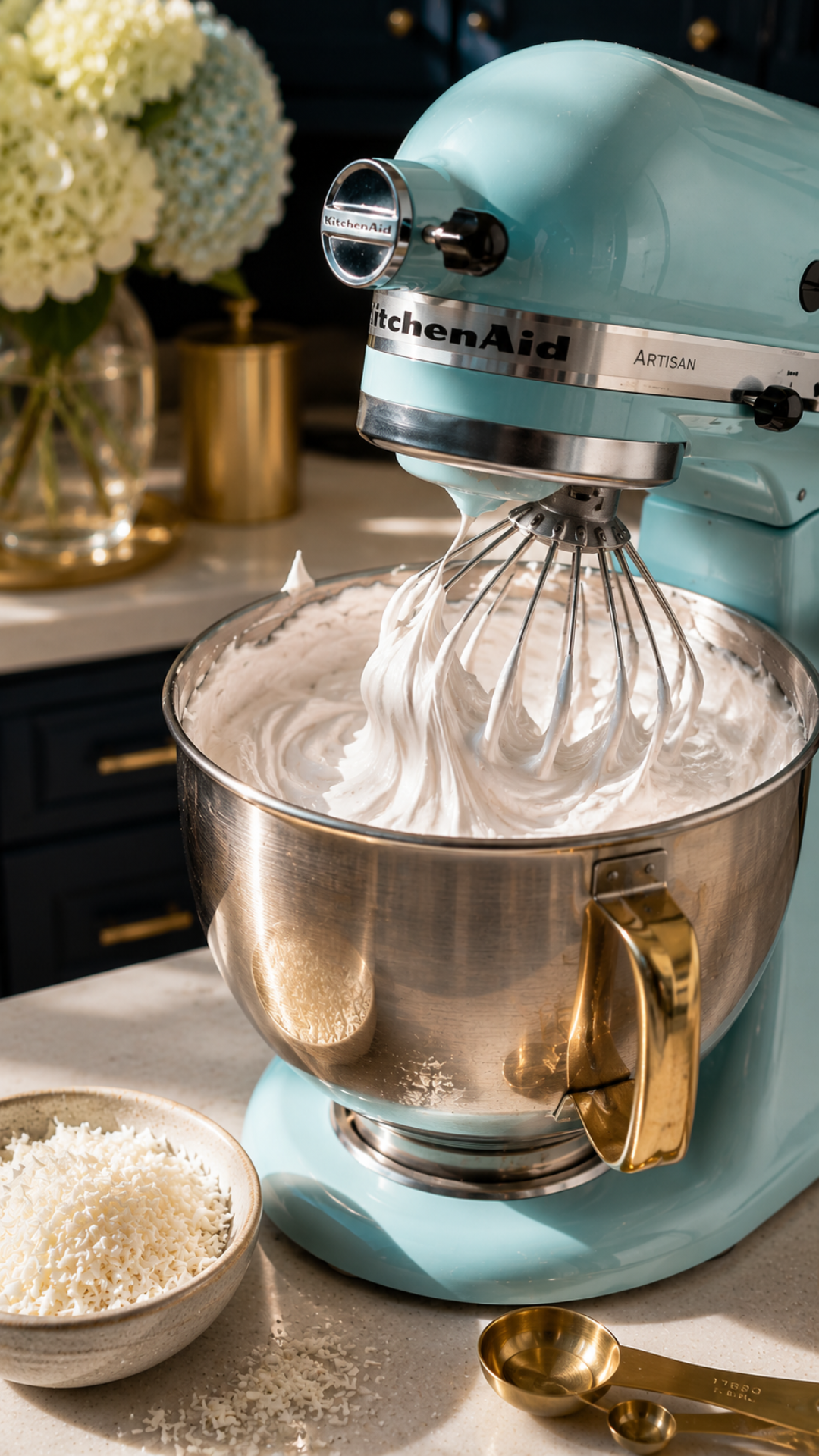 KitchenAid stand mixer whipping fluffy sugar free marshmallow batter for low carb coconut marshmallow recipe