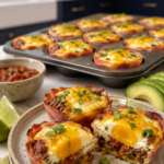 Two keto chorizo egg muffin cups with crispy ham shells, spiced chorizo filling, baked eggs with golden yolks, and melted cheddar on a speckled ceramic plate with a full muffin tin in the background, styled with salsa, avocado slices, and lime wedges on a white marble countertop with dark navy cabinetry and gold hardware.