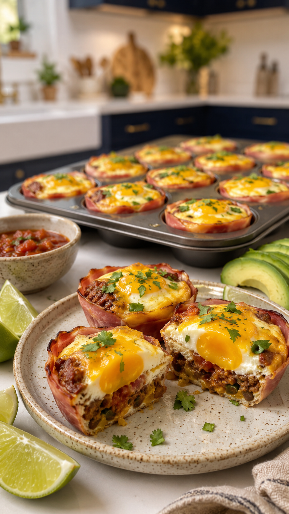 Two keto chorizo egg muffin cups with crispy ham shells, spiced chorizo filling, baked eggs with golden yolks, and melted cheddar on a speckled ceramic plate with a full muffin tin in the background, styled with salsa, avocado slices, and lime wedges on a white marble countertop with dark navy cabinetry and gold hardware.