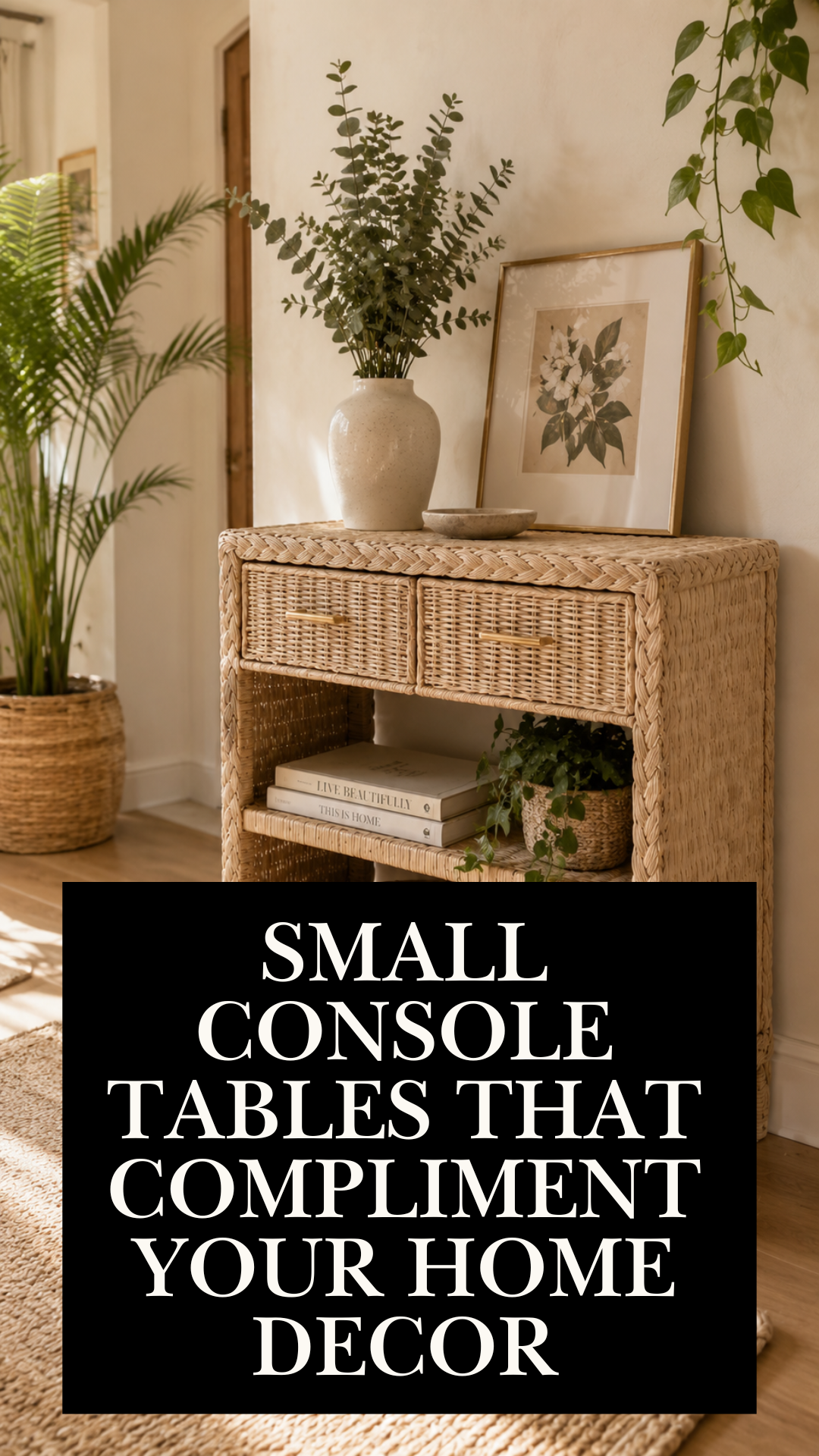 Woven rattan console table with two braided storage drawers and an open lower shelf, styled with a speckled ceramic vase, eucalyptus stems, a framed botanical print, and a small basket planter.