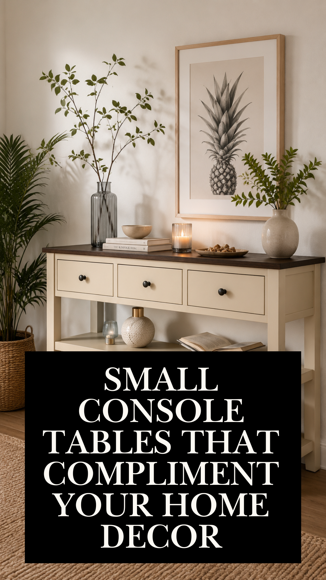Cream two-tone console table with a wood top and black knob hardware, styled with a glass bud vase, stacked books, a lit candle, a framed pineapple print, and a small ceramic vase on the lower shelf.