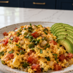 Large speckled ceramic plate piled with a spicy Mexican egg scramble made with fluffy eggs, diced tomatoes, green peppers, onion, jalapeño, and cilantro with a dusting of chili powder, served with fanned avocado slices on a white marble countertop with dark navy cabinetry and brushed gold hardware softly blurred in the background.