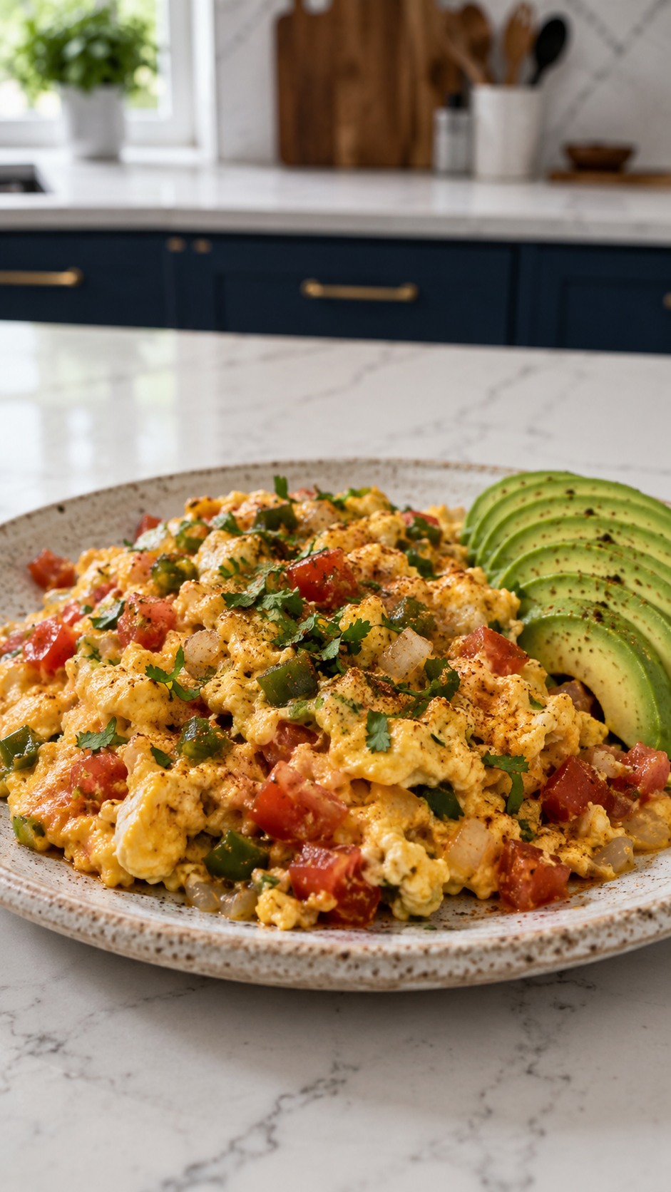 Large speckled ceramic plate piled with a spicy Mexican egg scramble made with fluffy eggs, diced tomatoes, green peppers, onion, jalapeño, and cilantro with a dusting of chili powder, served with fanned avocado slices on a white marble countertop with dark navy cabinetry and brushed gold hardware softly blurred in the background.