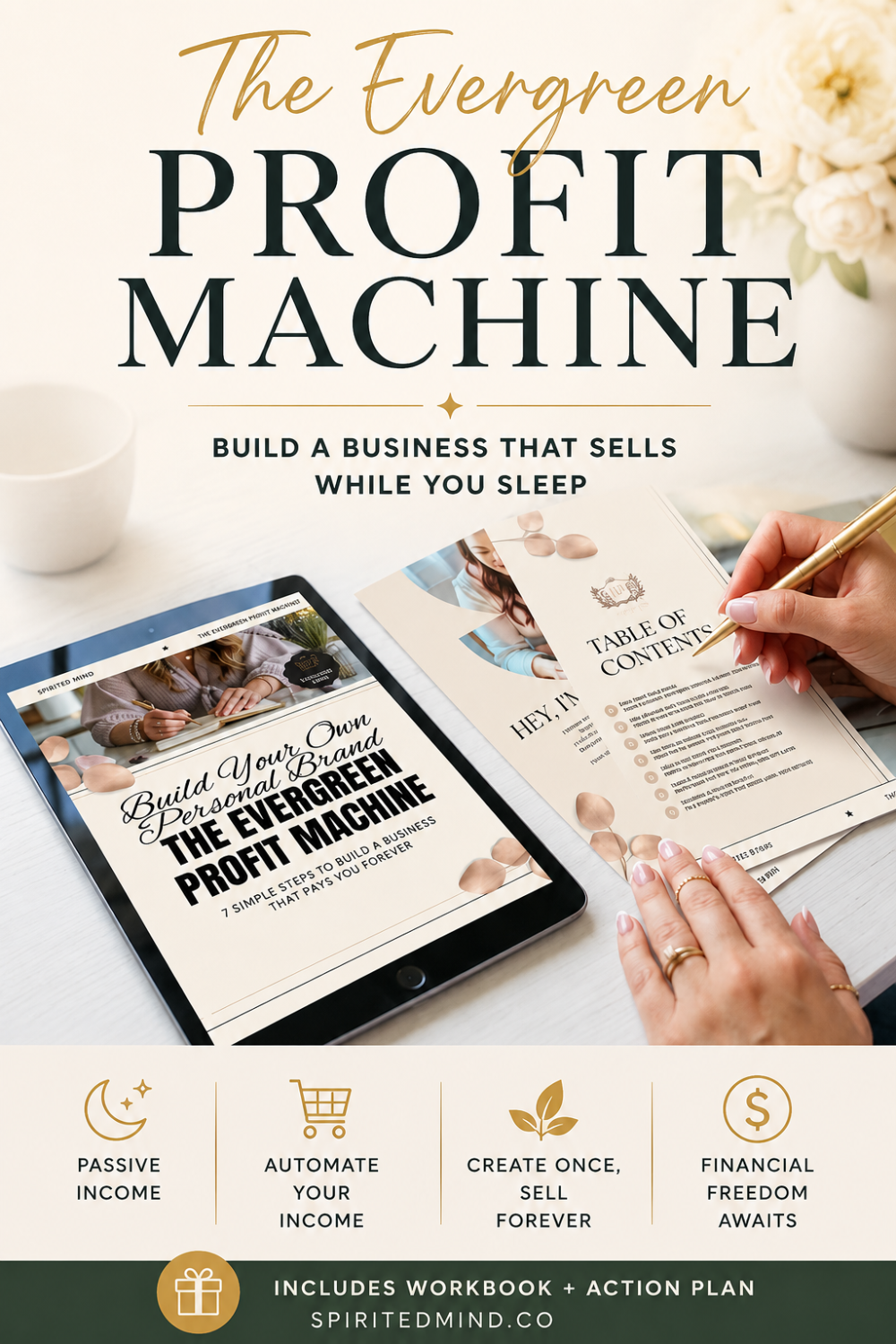 Flat lay of The Evergreen Profit Machine workbook open to the table of contents beside a tablet displaying the digital cover, with gold pen in hand. Text reads: Build a Business That Sells While You Sleep. Passive income, automate your income, create once sell forever, financial freedom. Workbook and action plan available at spiritedmind.co.