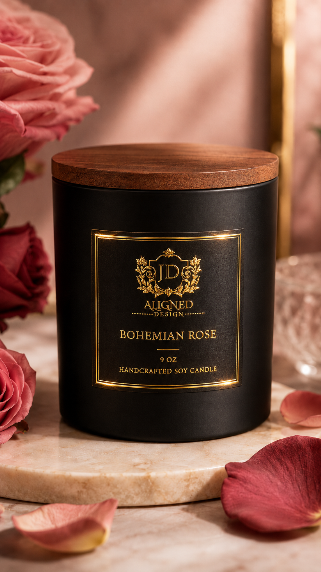 Bohemian Rose handcrafted soy candle by Aligned Design in a matte black vessel with gold foil crest label and wooden lid, surrounded by deep pink roses and scattered rose petals on a marble surface.