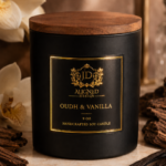 Luxury Leather and Tobacco handcrafted soy candle by Aligned Design in a matte black vessel with gold foil label and wooden lid, styled with dried tobacco leaves and brass accents on a marble surface.
