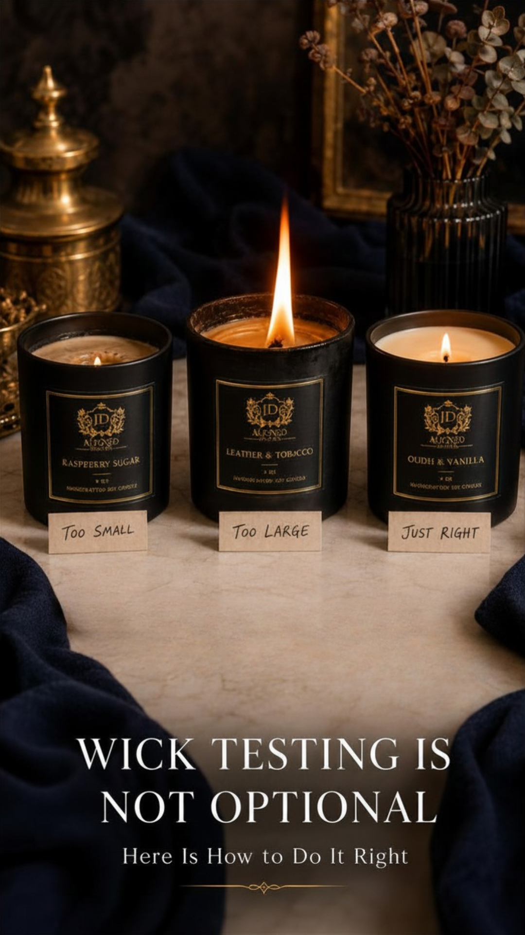 three burning matte black JD Aligned Design soy candles on a white quartz countertop beside an open burn test notebook and digital thermometer in a dark kitchen,