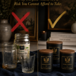 Split comparison image showing mismatched thrifted glassware including a mason jar, coconut oil jar, and drinking glass marked with a red X on the left, versus three professional matte black JD Aligned Design handcrafted soy candles marked with a gold checkmark on the right, on a dark surface with navy linen, and text overlay reading Not All Glass Is Candle-Safe Why Thrifted Vessels Are a Risk You Cannot Afford to Take.