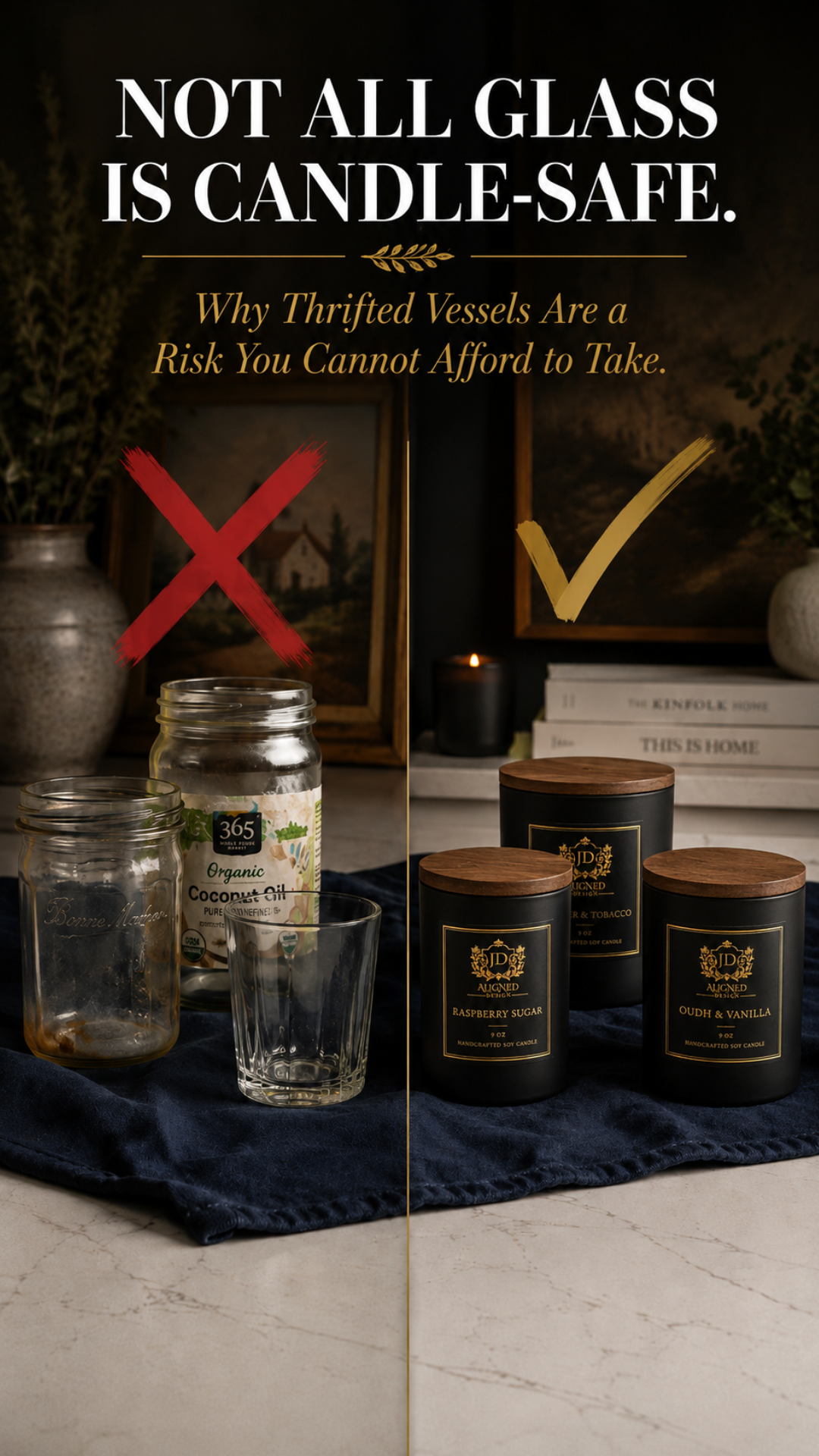 Split comparison image showing mismatched thrifted glassware including a mason jar, coconut oil jar, and drinking glass marked with a red X on the left, versus three professional matte black JD Aligned Design handcrafted soy candles marked with a gold checkmark on the right, on a dark surface with navy linen, and text overlay reading Not All Glass Is Candle-Safe Why Thrifted Vessels Are a Risk You Cannot Afford to Take.