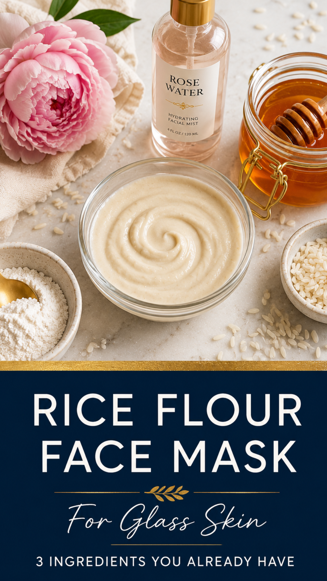 Overhead flat lay of rice flour face mask ingredients including flour, honey jar with dipper, rose water bottle, and pink peony on marble surface with navy and gold branded text overlay.