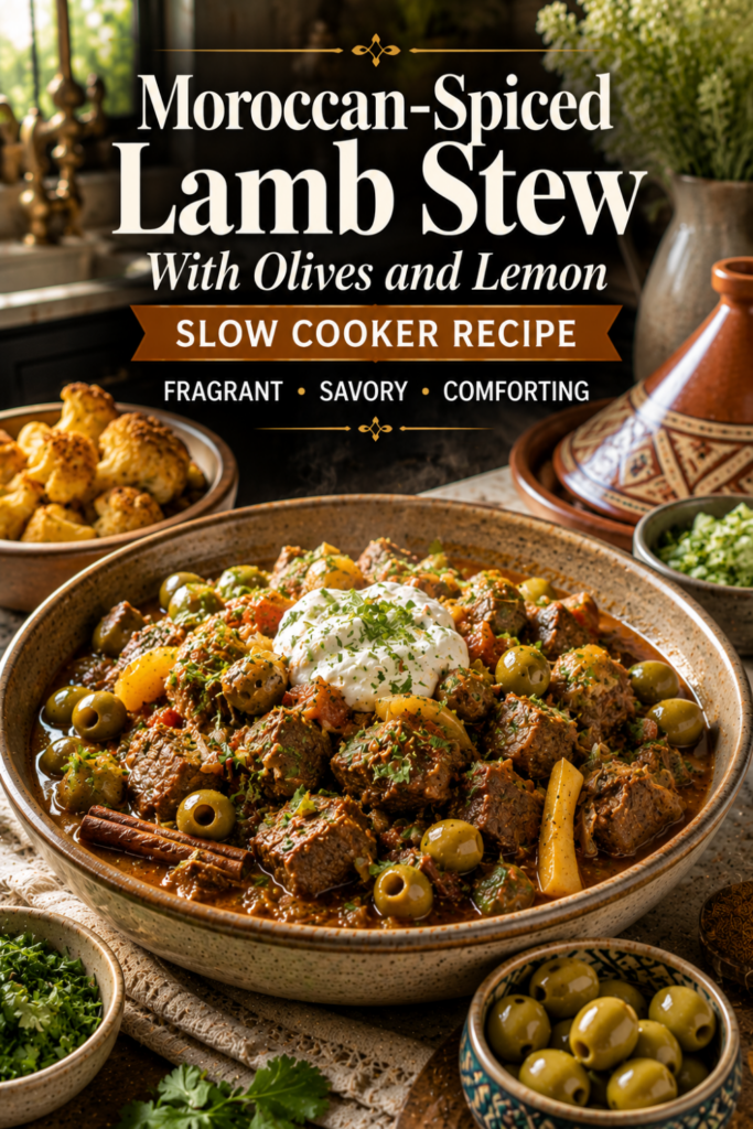Slow cooker Moroccan-spiced lamb stew with tender lamb, vegetables, and aromatic spices in a rustic bowl.