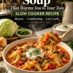 Hearty cabbage roll soup with ground beef, cabbage, and tomatoes.