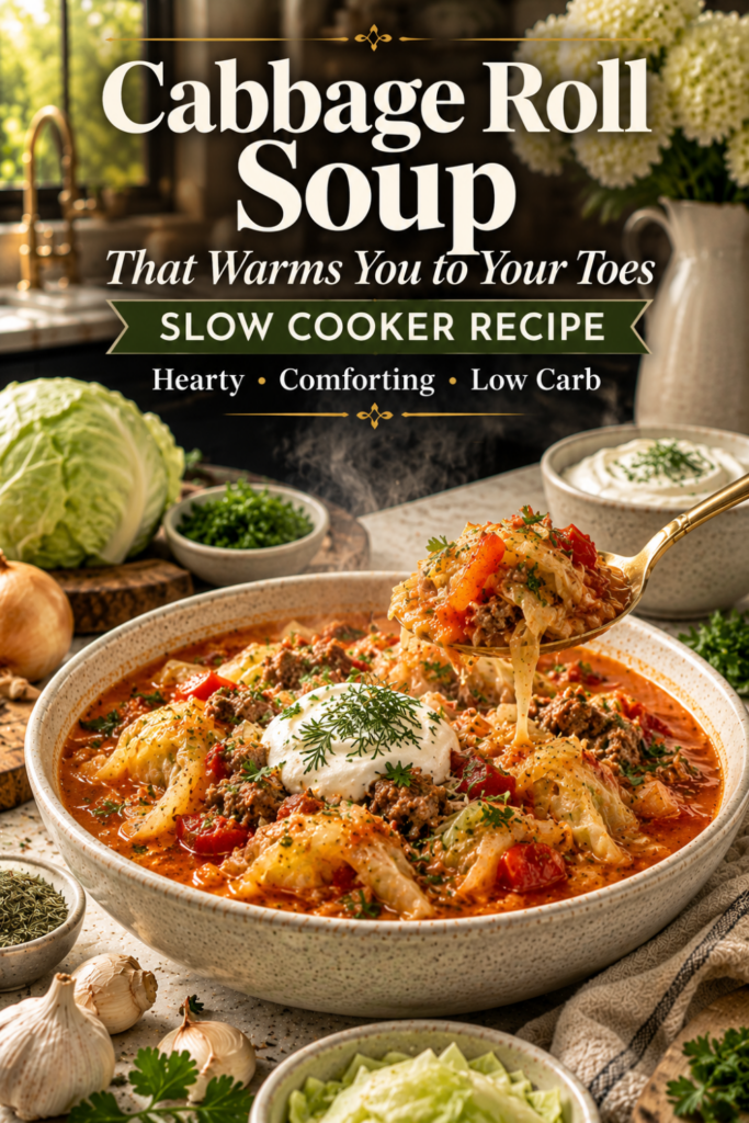 Hearty cabbage roll soup with ground beef, cabbage, and tomatoes.