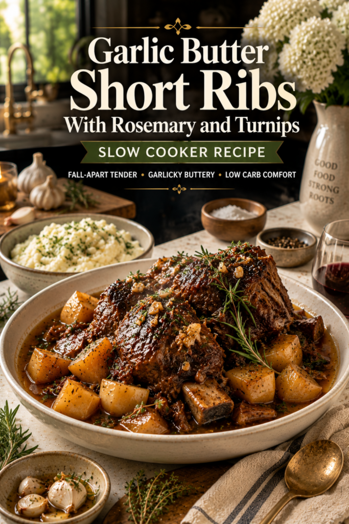 Tender garlic butter beef short ribs served in a rich savory sauce.