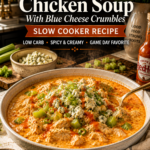 Creamy buffalo chicken soup topped with cheese and herbs in a rustic bowl.