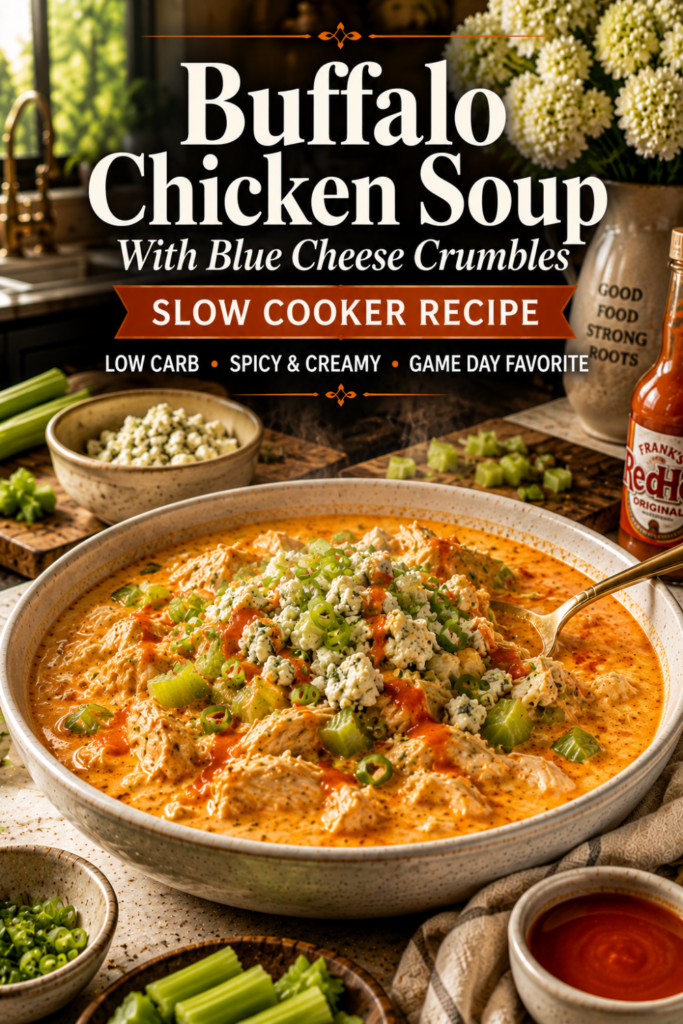 Creamy buffalo chicken soup topped with cheese and herbs in a rustic bowl.