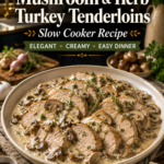 Turkey tenderloins in a creamy mushroom herb sauce served in a rustic bowl.