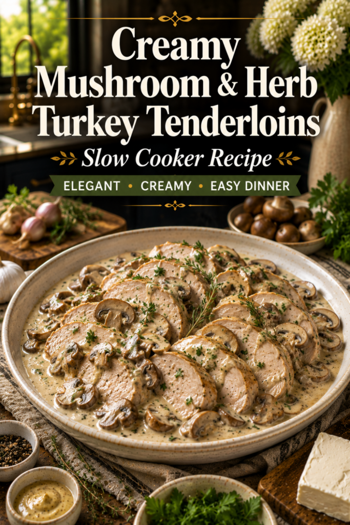 Turkey tenderloins in a creamy mushroom herb sauce served in a rustic bowl.