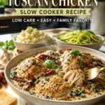 Creamy Tuscan chicken served with spinach and sun-dried tomatoes in a rich garlic parmesan sauce.