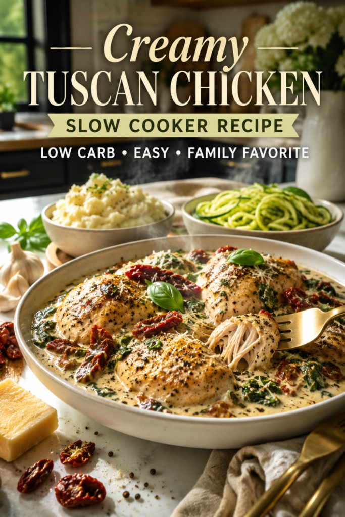 Creamy Tuscan chicken served with spinach and sun-dried tomatoes in a rich garlic parmesan sauce.