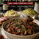 Tender beef bourguignon with mushrooms simmered in a rich savory sauce.