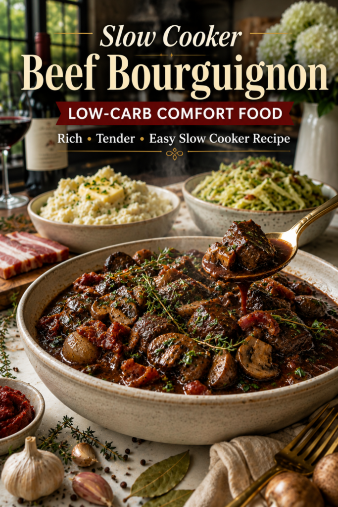 Tender beef bourguignon with mushrooms simmered in a rich savory sauce.