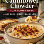 Creamy cauliflower chowder topped with cheese and bacon in a rustic bowl.
