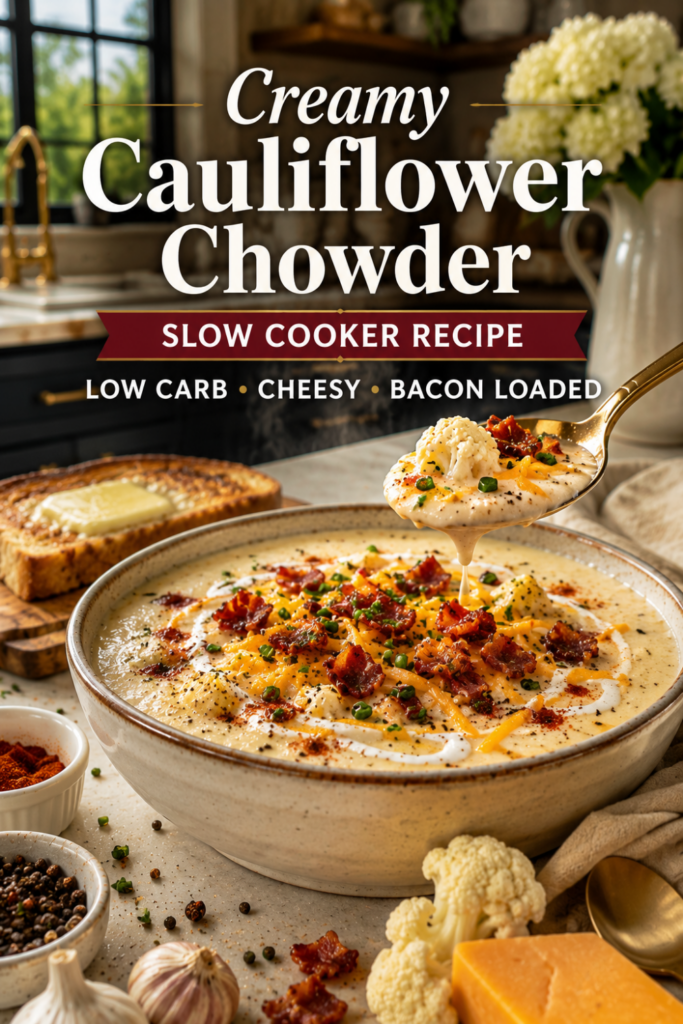 Creamy cauliflower chowder topped with cheese and bacon in a rustic bowl.