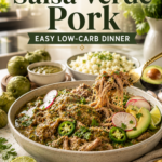 Slow cooker salsa verde pork served with fresh herbs and lime.