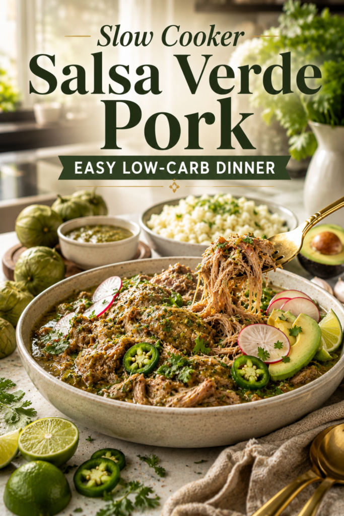 Slow cooker salsa verde pork served with fresh herbs and lime.