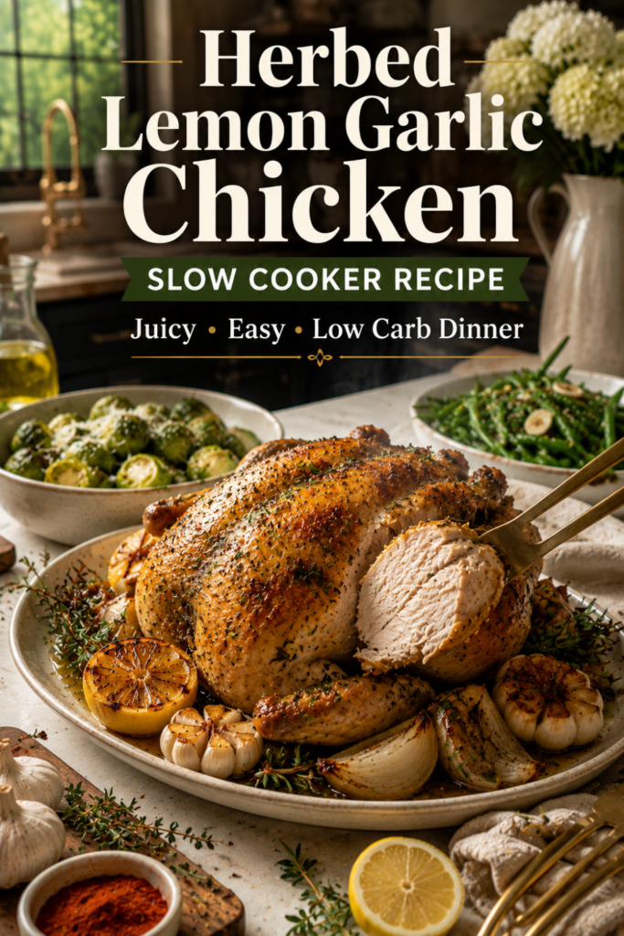 Juicy lemon garlic herb chicken served with fresh herbs and vegetables.
