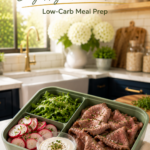 Roast beef bento with radishes, arugula, and horseradish yogurt sauce.