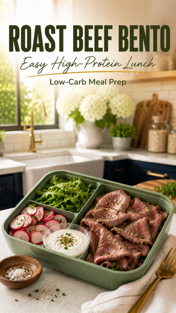 Roast beef bento with radishes, arugula, and horseradish yogurt sauce.
