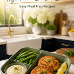 Baked salmon cake bento with green beans and lemon garlic aioli.