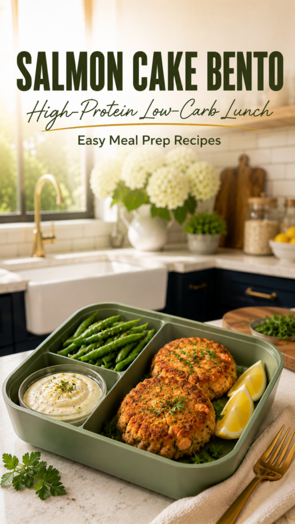 Baked salmon cake bento with green beans and lemon garlic aioli.