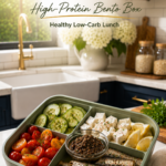 Mediterranean sardine bento with olives, cucumbers, feta, and tomatoes.
