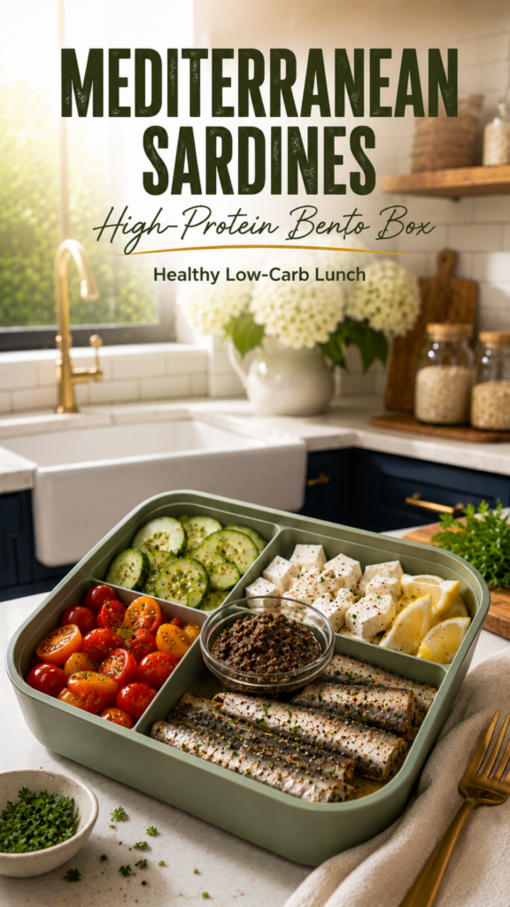 Mediterranean sardine bento with olives, cucumbers, feta, and tomatoes.