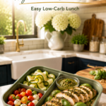 Chicken pesto bento with mozzarella pearls, zucchini ribbons, and basil pesto.