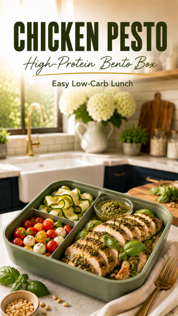 Chicken pesto bento with mozzarella pearls, zucchini ribbons, and basil pesto.