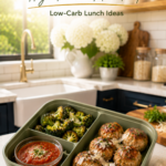 Turkey meatballs with roasted broccoli and marinara in a healthy lunch box.