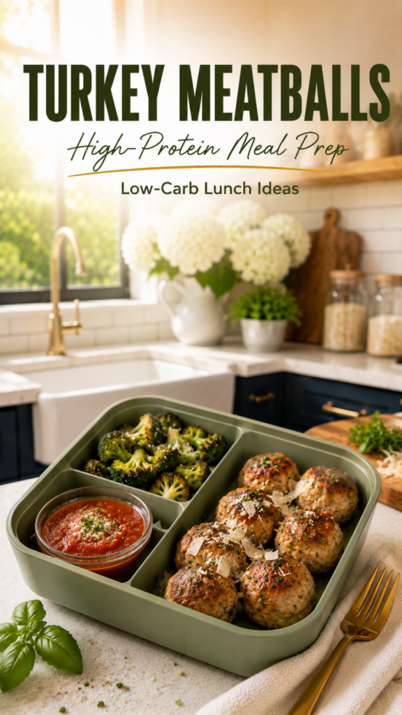 Turkey meatballs with roasted broccoli and marinara in a healthy lunch box.