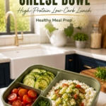 Cottage cheese protein bowl with cucumbers, tomatoes, herbs, and olive oil.