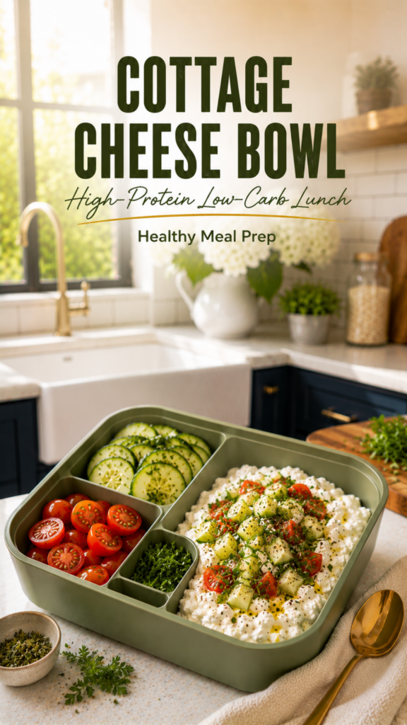 Cottage cheese protein bowl with cucumbers, tomatoes, herbs, and olive oil.
