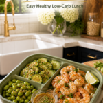 Shrimp and edamame bento with sesame cucumber salad.