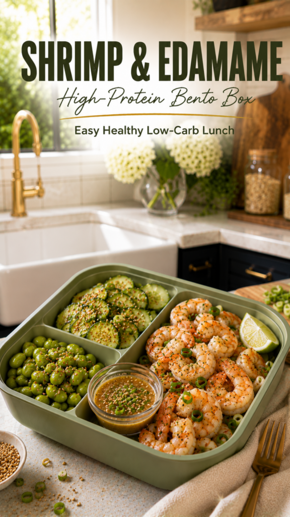 Shrimp and edamame bento with sesame cucumber salad.