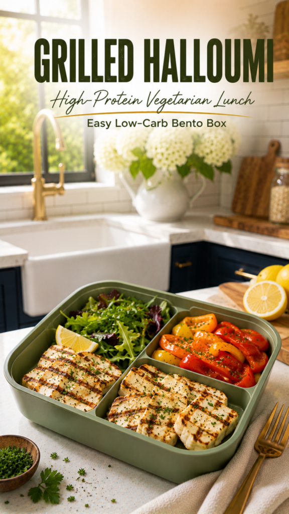 Grilled halloumi bento with roasted peppers and mixed greens.