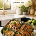 Tempeh bento with crunchy slaw and peanut lime dipping sauce.