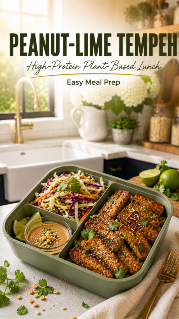 Tempeh bento with crunchy slaw and peanut lime dipping sauce.
