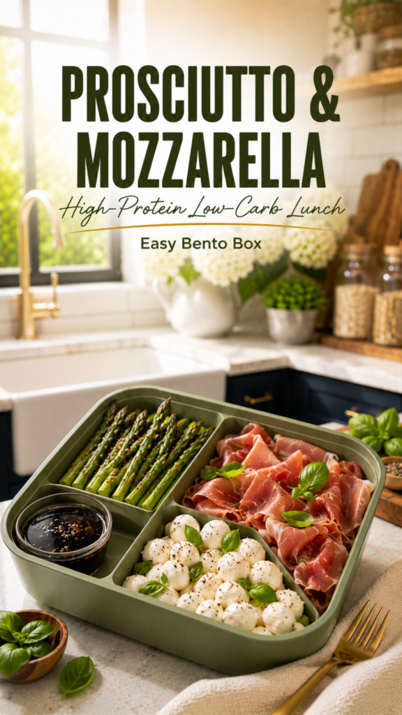 Prosciutto and mozzarella bento with roasted asparagus and balsamic glaze.