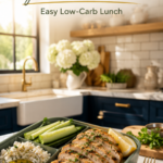 A high-protein bento box with grilled lemon herb chicken, cucumber spears, feta cheese, and olive oil in a sage green lunch container.
